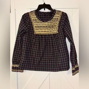 J.Crew plaid peasant blouse with gold embroidery. Size XS.